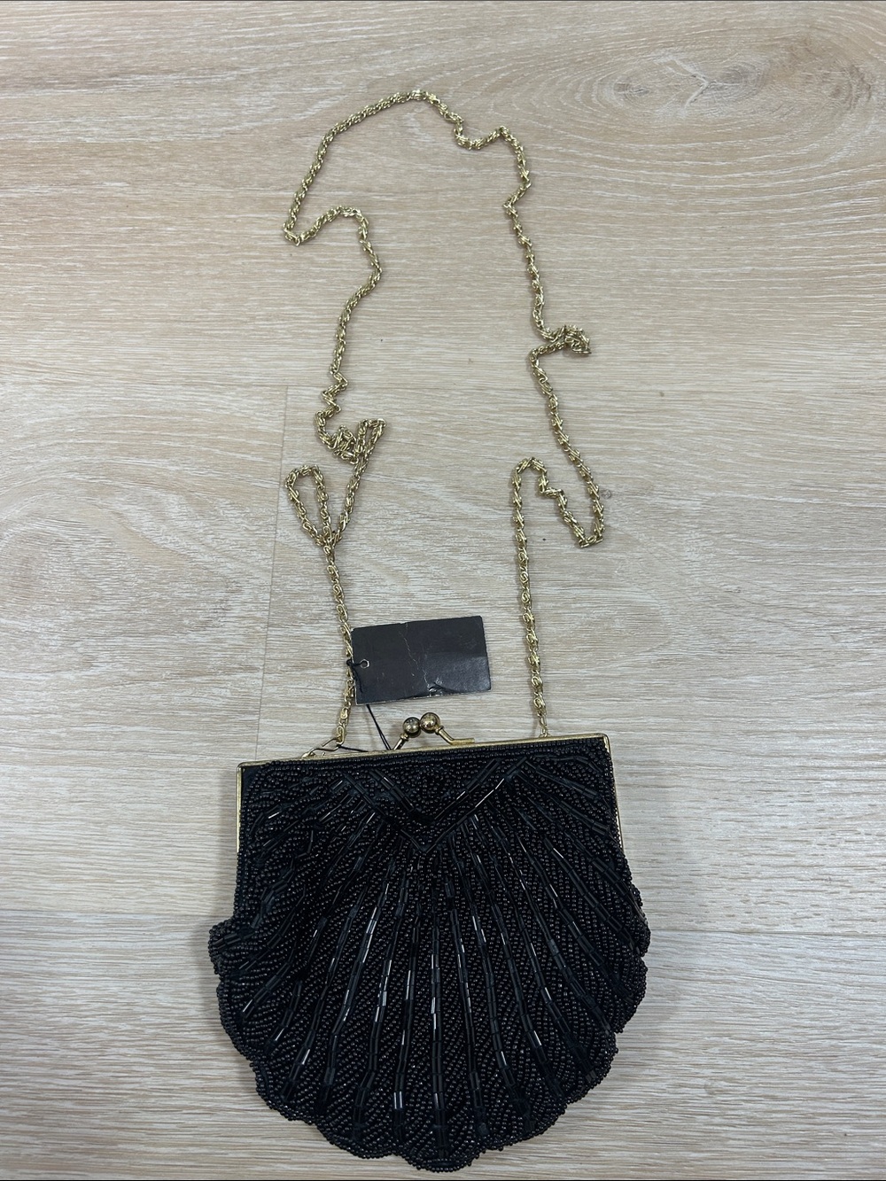 Black Beaded Shell-Style Evening Clutch with Gold Chain